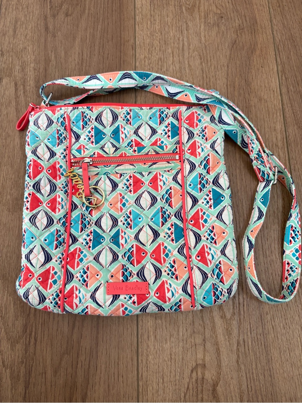 Vera Bradley Quilted Crossbody in Coral, Aqua & Navy Fish Pattern